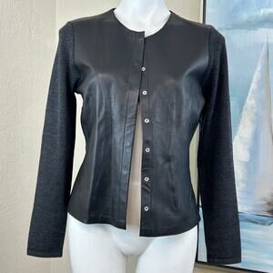 Carlisle Blazer Mixed Media Charcoal Wool Sweater & Black Leather Size Small